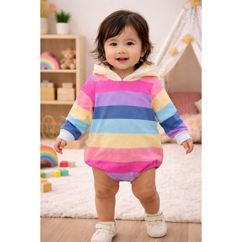 Treetop Tots Rainbow Stripe Hooded Romper Unisex Size 18-24M Pastel Cozy Playful